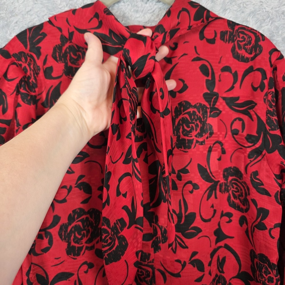 Vtg‎ Red Black Chiffon Floral Top Laura and Jane Secretary High Neck Medium - Picture 4 of 11